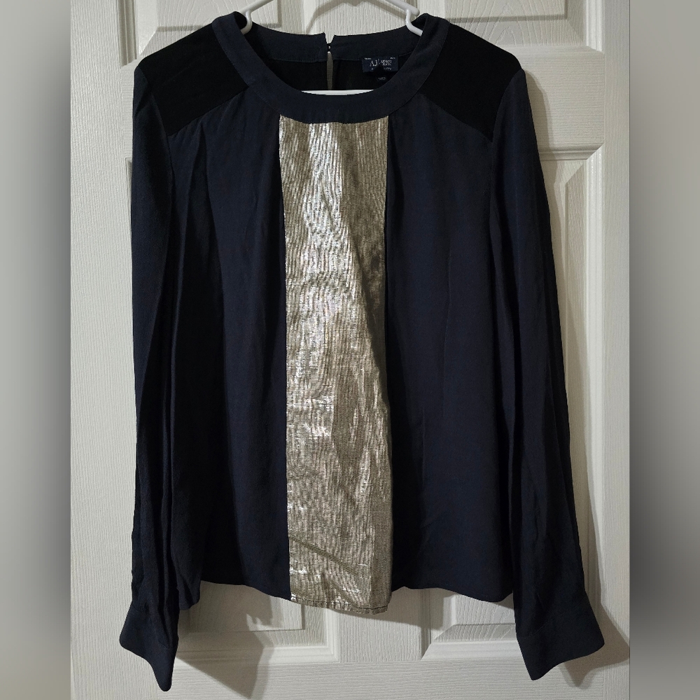 Armani Jeans Two-Toned Gold Metallic Popover Dressy Blouse, Size 8, EUC!